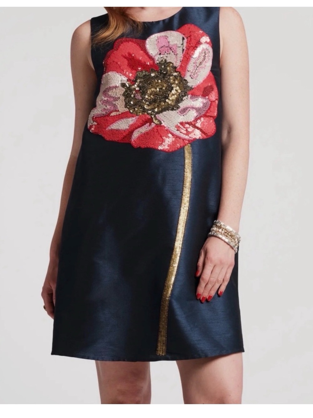 Frances Valentine Alice Navy Shift Dress with Red and Pink Sequin Flower
